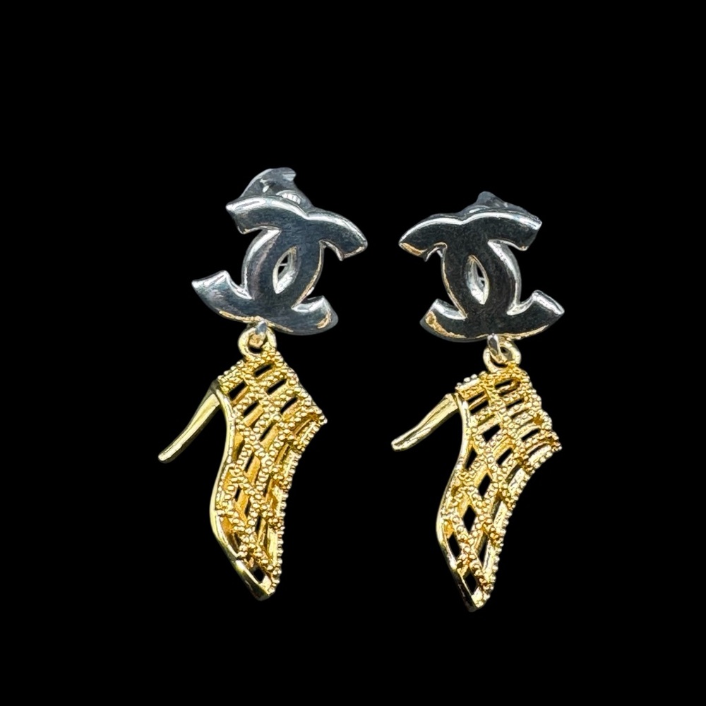 CHANEL Silver and Gold Logo Heel Earrings